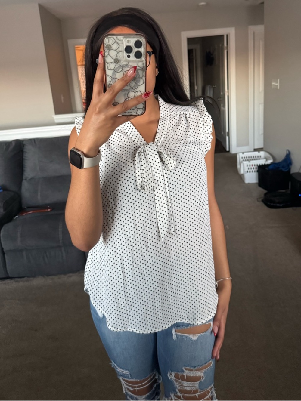 Jon & Anna Contemporary white polka dot blouse, size large